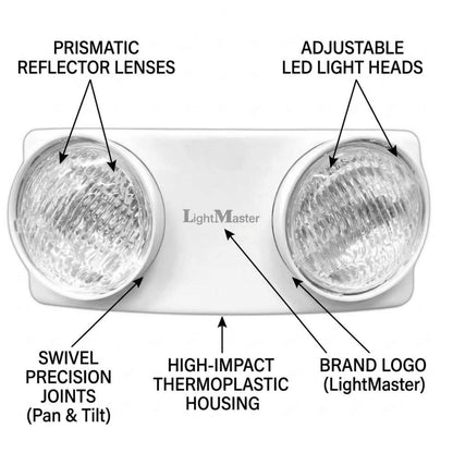 A technical product diagram of a LightMaster outdoor light fixture with callout labels pointing to prismatic reflector lenses, adjustable LED light heads, swivel precision joints, high-impact thermoplastic housing, and the brand logo.