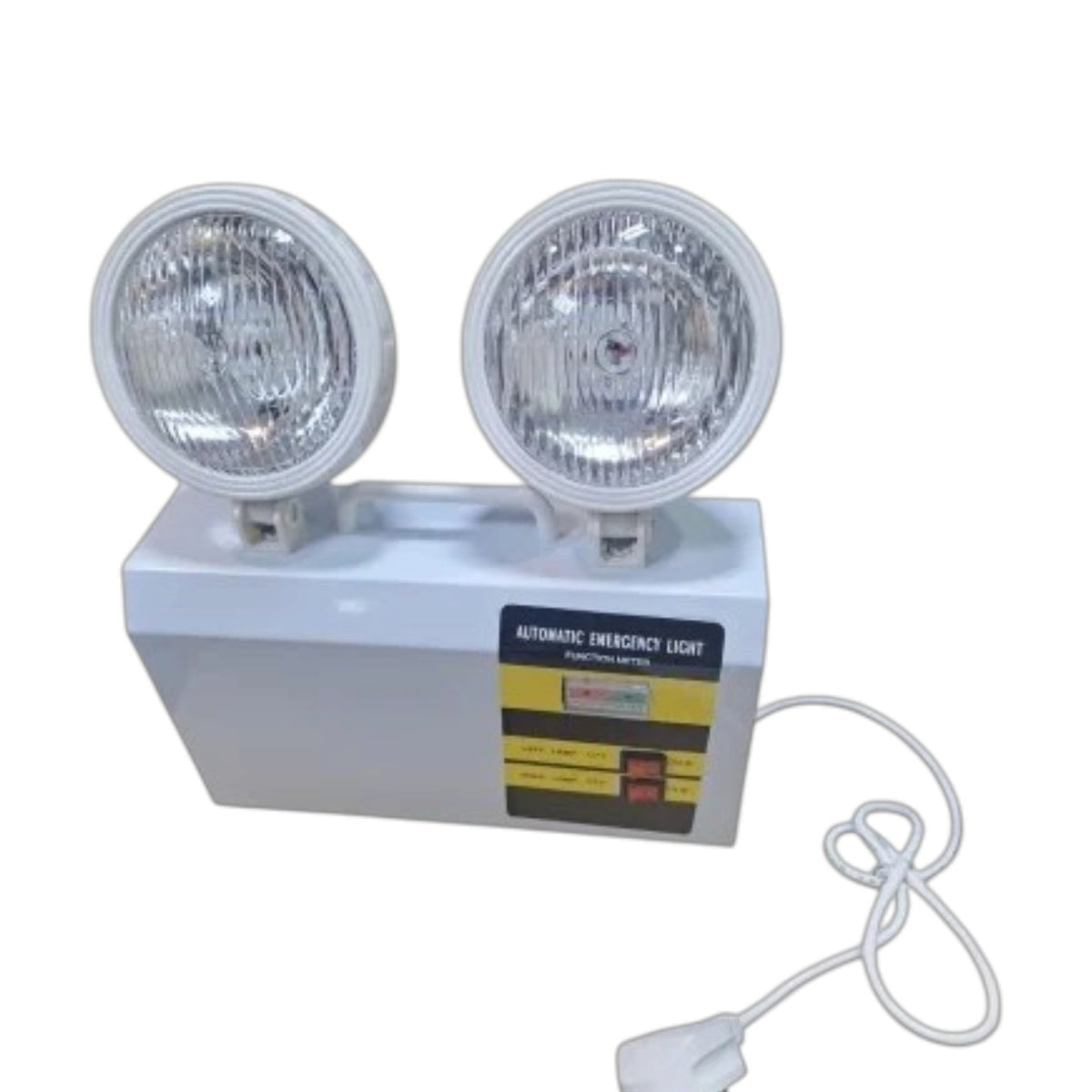 A dual-head emergency exit light with a white plastic housing, two round clear lenses, and a power cord, shown on a plain white background.
