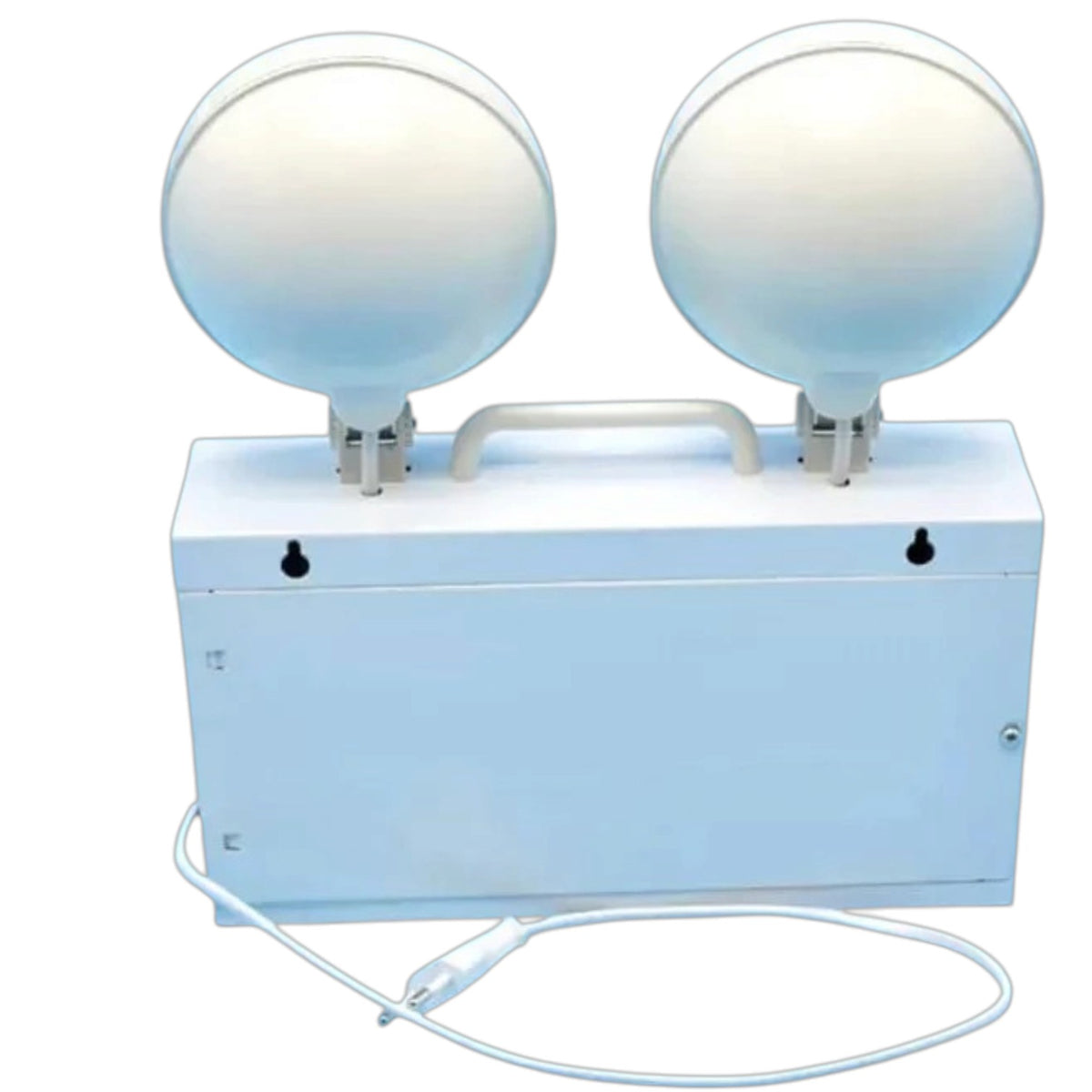 A dual-head emergency exit security light with a white metal box base, two large round dome-shaped reflectors, a top handle, and a power cord, shown on a plain white background.