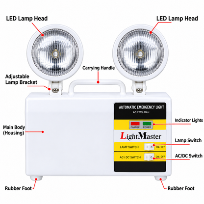 White LightMaster automatic emergency light with two adjustable LED lamp heads, a carrying handle, and labeled parts on a white background.