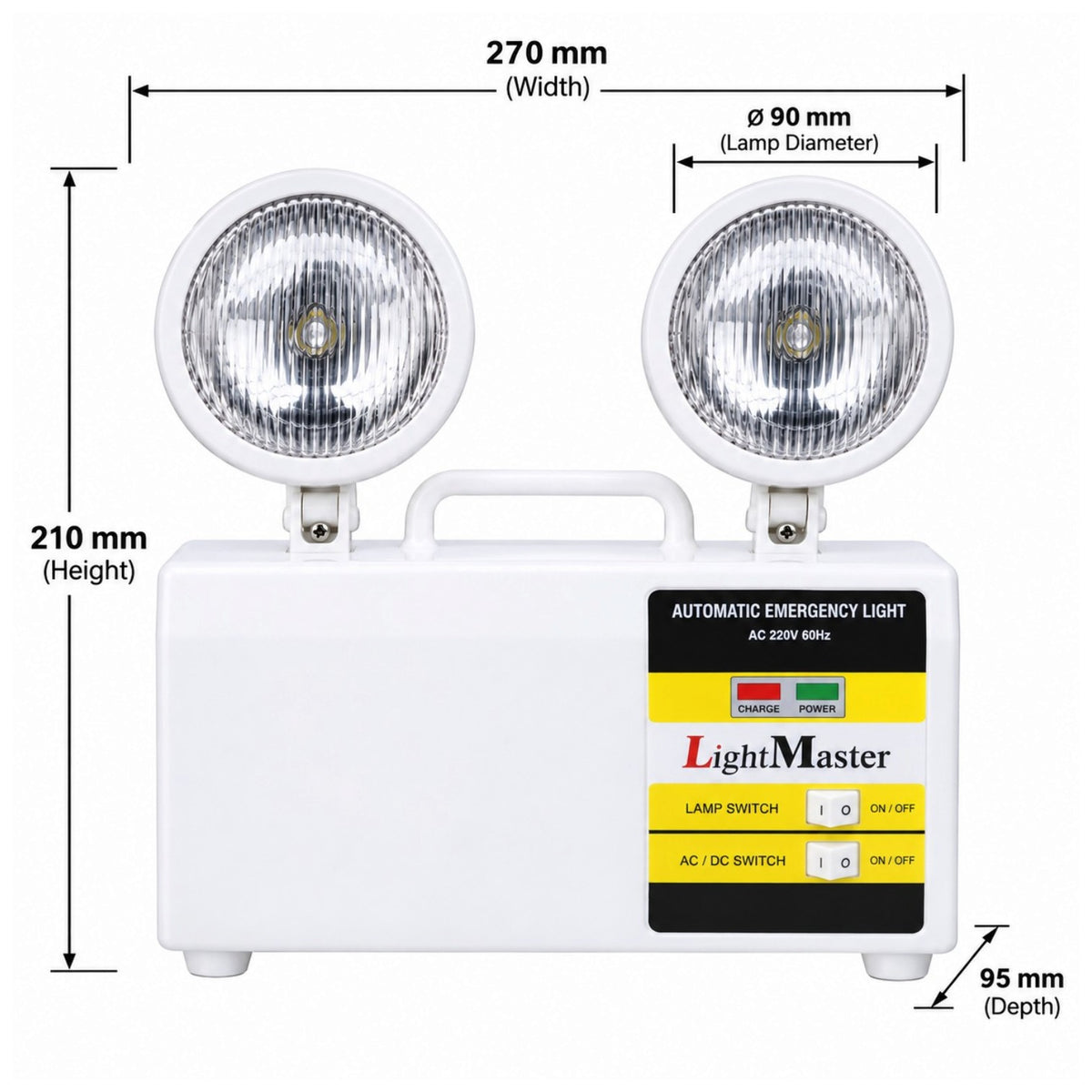 White LightMaster automatic emergency light with two round lamps and a handle, shown with dimension annotations: 270 mm width, 210 mm height, lamp diameter 90 mm, and 95 mm depth.