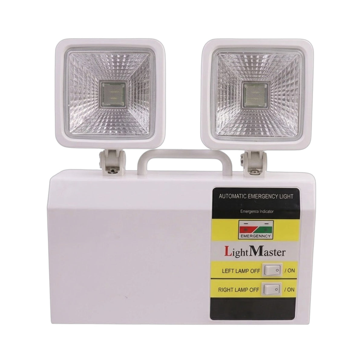 A white dual-head emergency exit light with two square LED floodlights on a single housing, featuring a handle and a front control panel labeled LightMaster.
