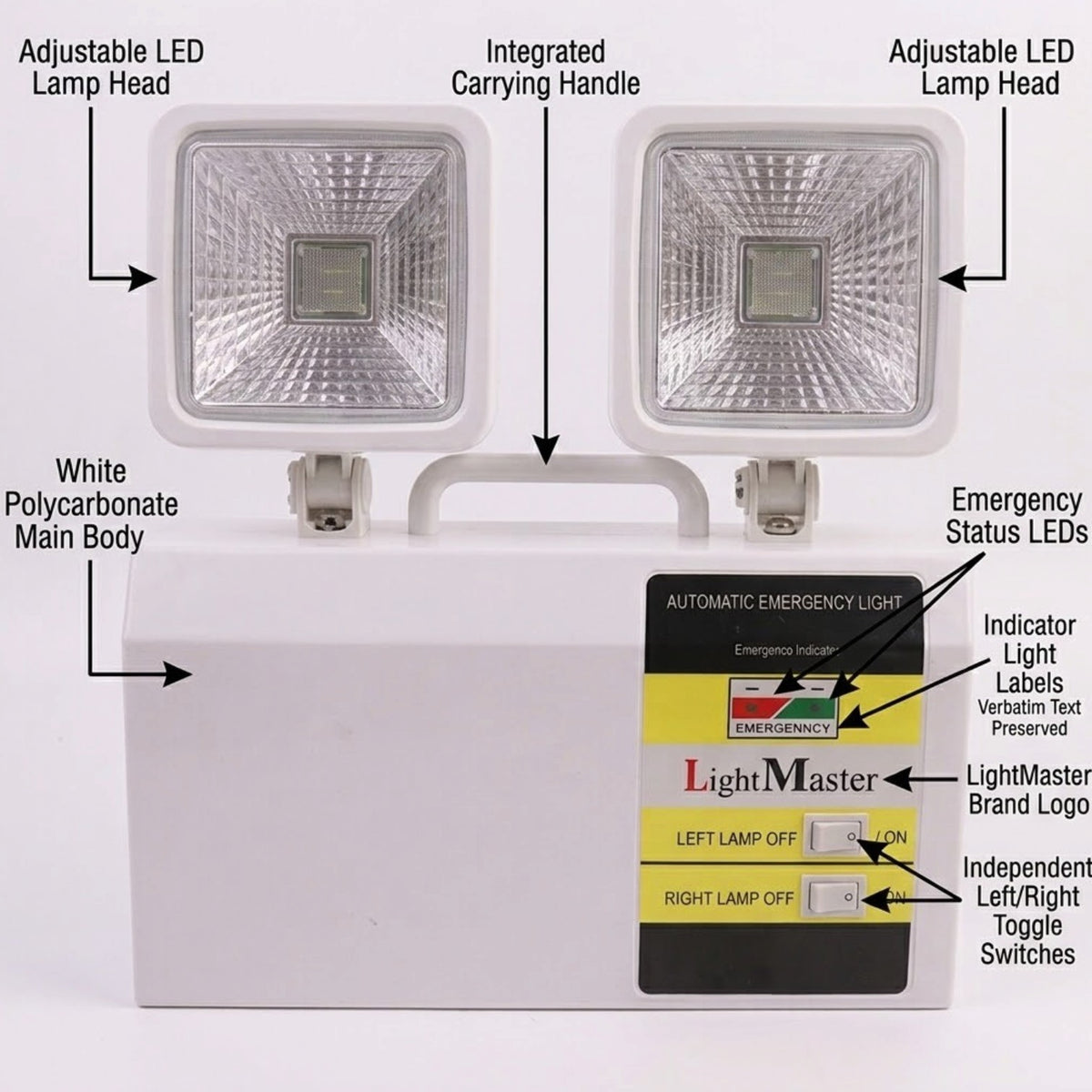 White emergency floodlight with two adjustable LED lamp heads, a carrying handle, and a LightMaster control panel, shown with callout labels pointing to features and controls.