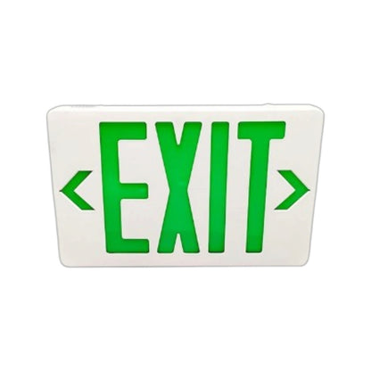 A rectangular white emergency exit sign with bright green LED-style lettering reading EXIT and green arrows pointing left and right, shown on a plain white background.