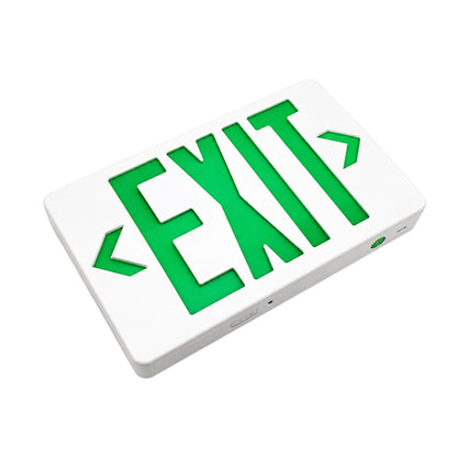 A white emergency exit sign with bright green illuminated lettering and arrows, shown at an angle on a plain white background.