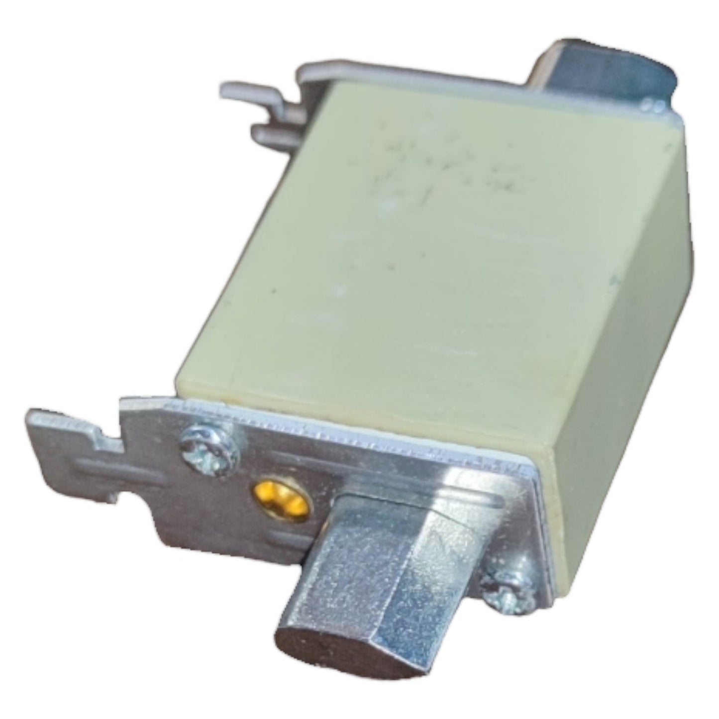 Mechanical component with metal and plastic parts on a white background