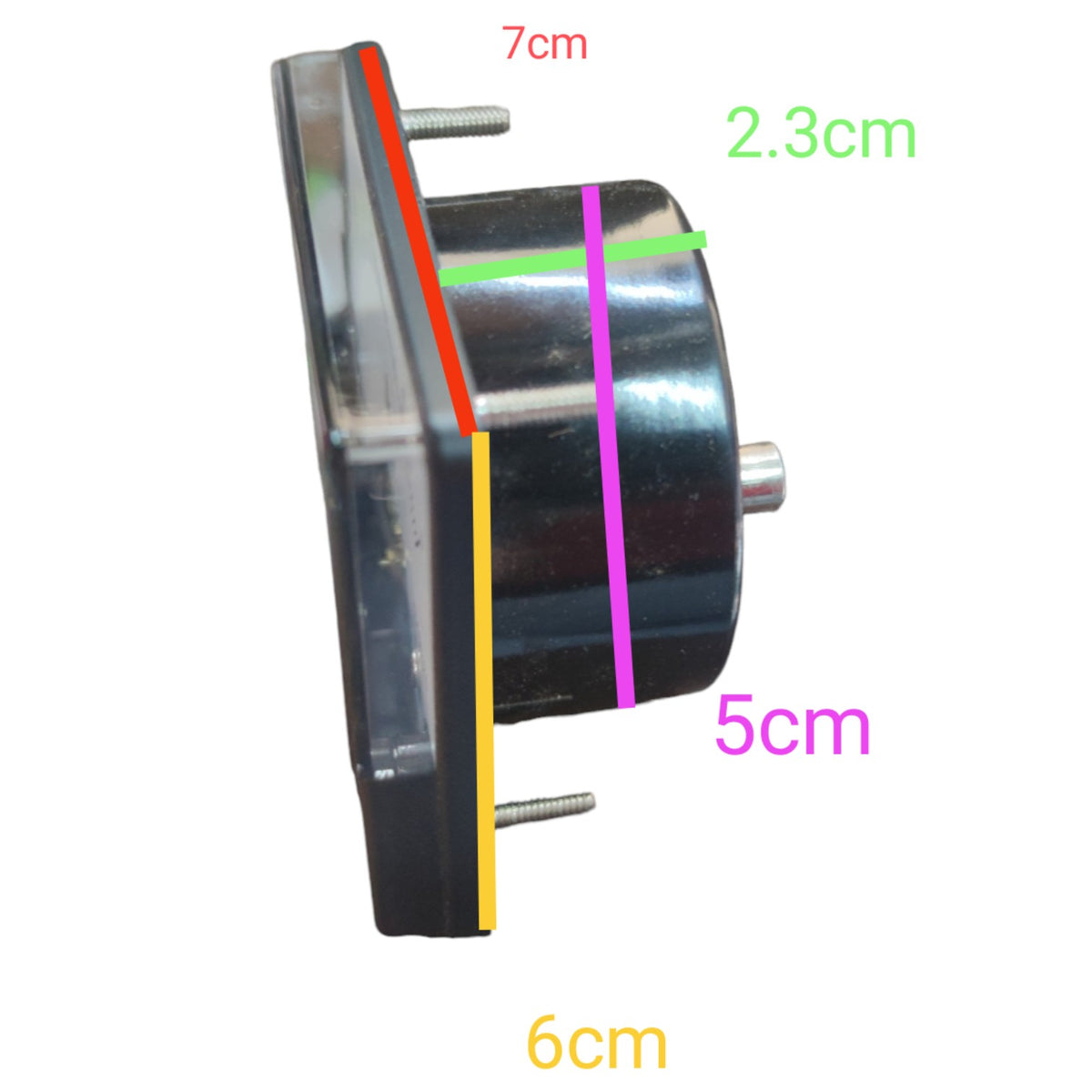 A black cylindrical automotive shock absorber or bushing with metal mounting studs and a clear side cover, shown with overlaid dimension lines and text labels reading 7cm, 2.3cm, 5cm, and 6cm on a white background.