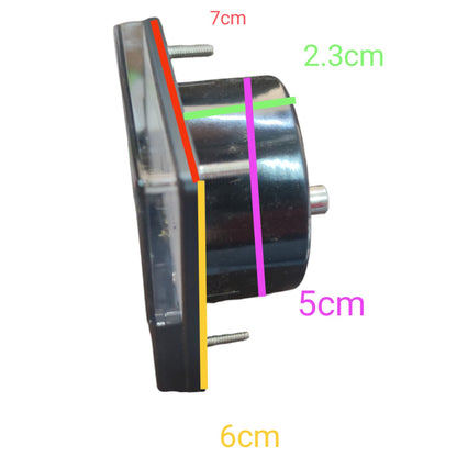A black cylindrical automotive shock absorber or bushing with metal mounting studs and a clear side cover, shown with overlaid dimension lines and text labels reading 7cm, 2.3cm, 5cm, and 6cm on a white background.