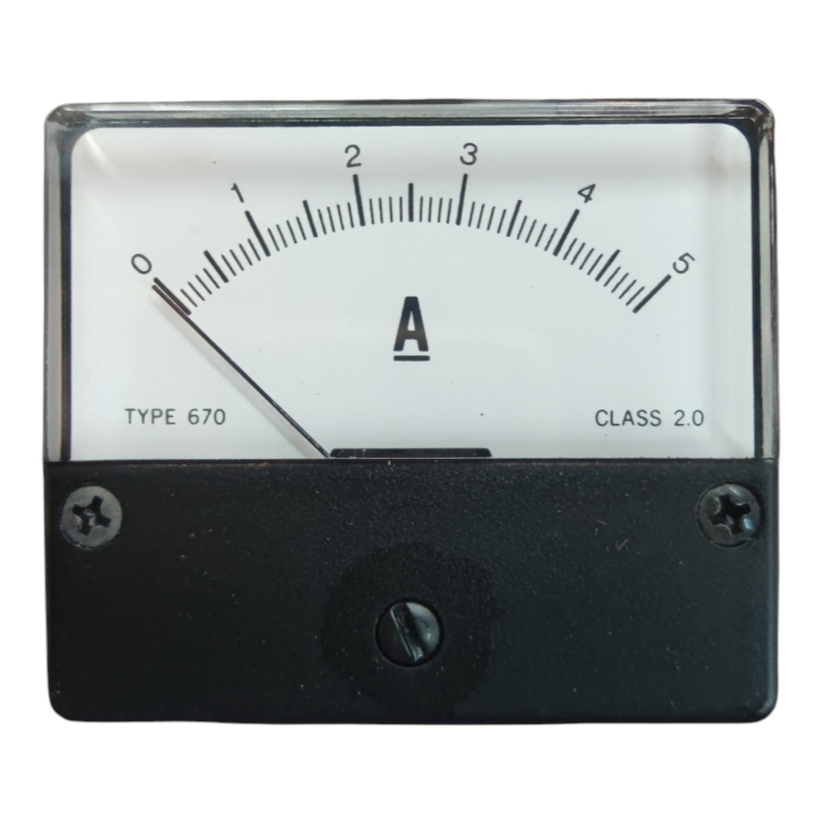 An analog ammeter gauge with a black metal housing, a white dial face, and black markings indicating amperes from 0 to 5. The text 'TYPE 670' and 'CLASS 2.