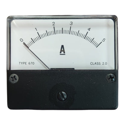 An analog ammeter gauge with a black metal housing, a white dial face, and black markings indicating amperes from 0 to 5. The text 'TYPE 670' and 'CLASS 2.