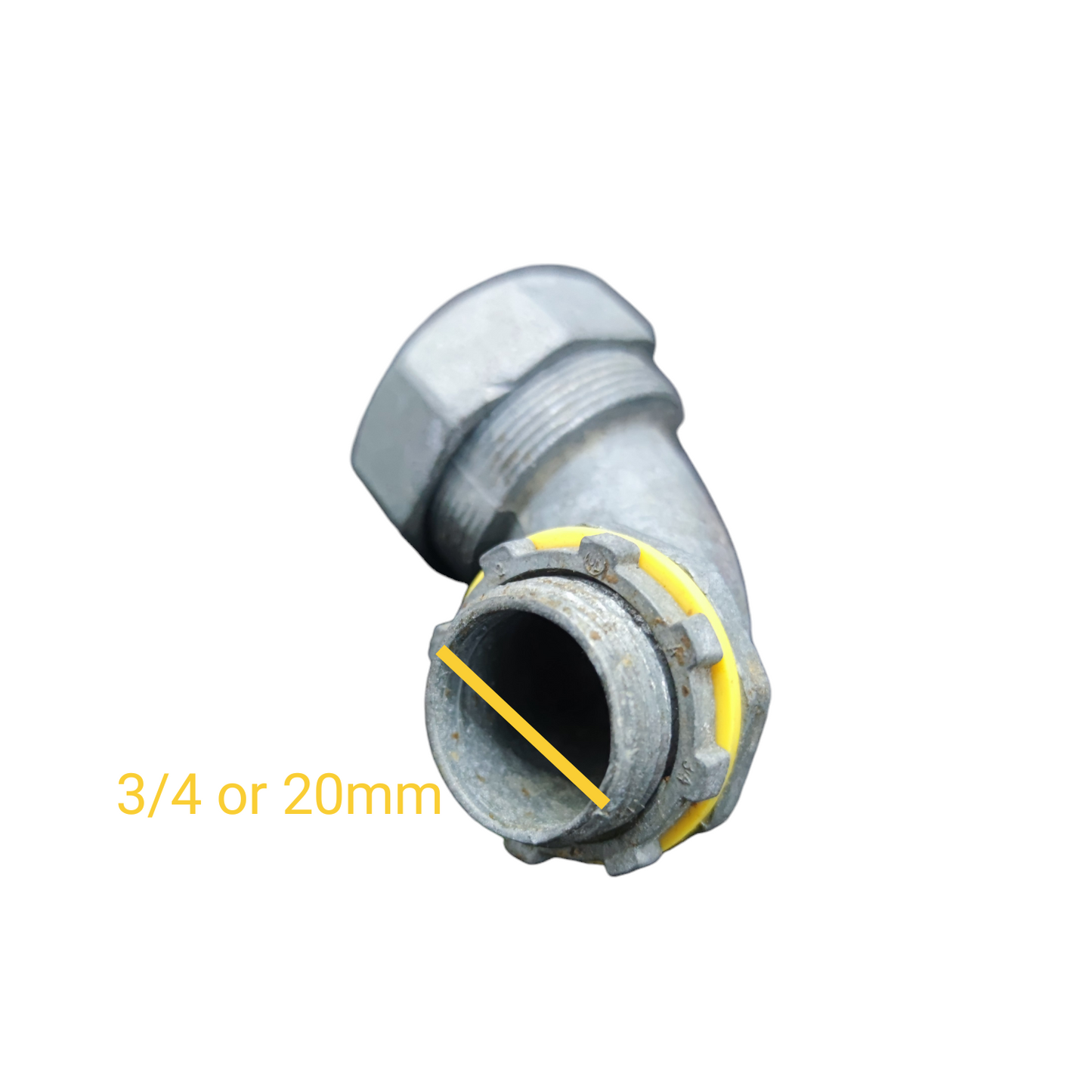 Metal pipe fitting with a yellow label indicating size on a white background