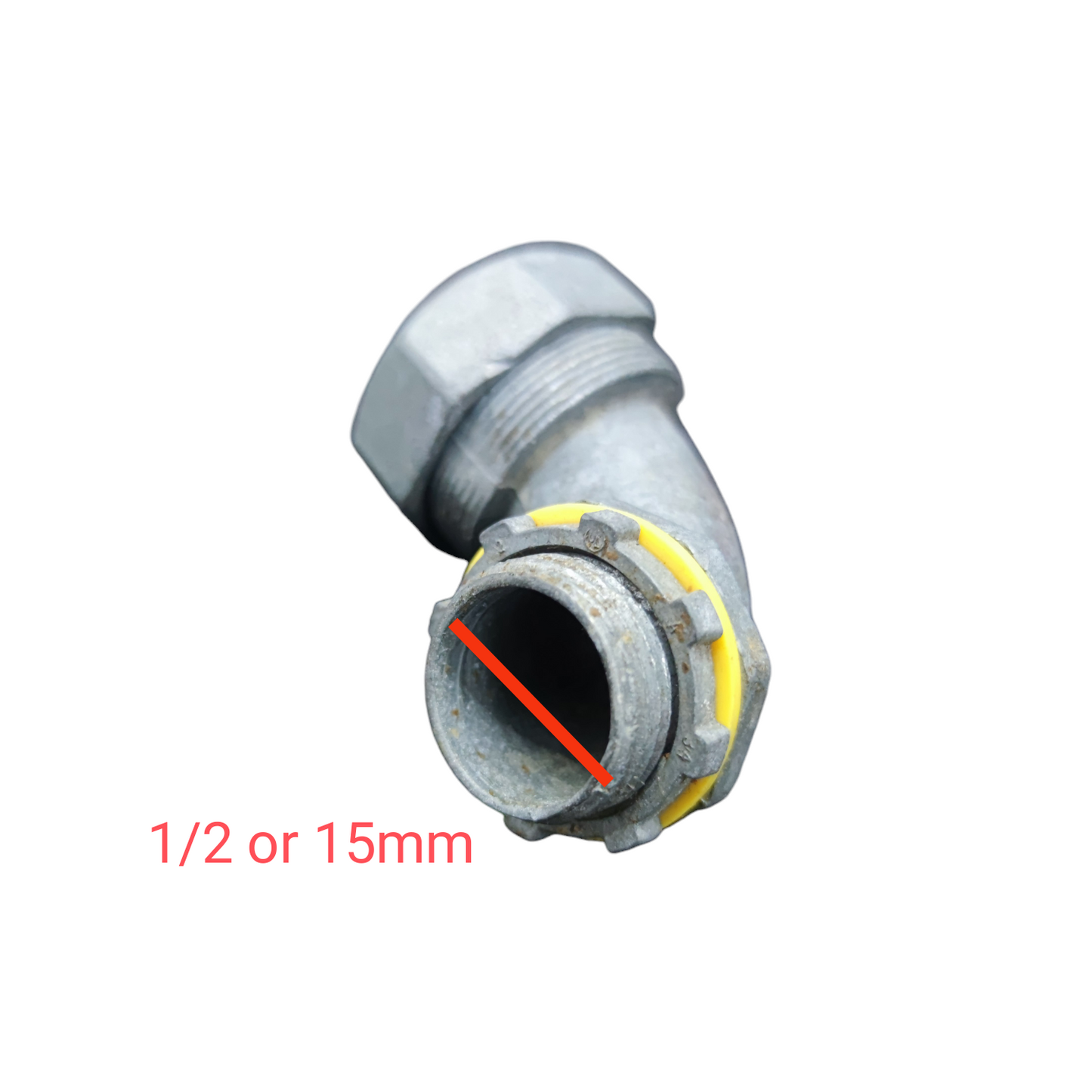 Metal pipe fitting with measurement details on a white background