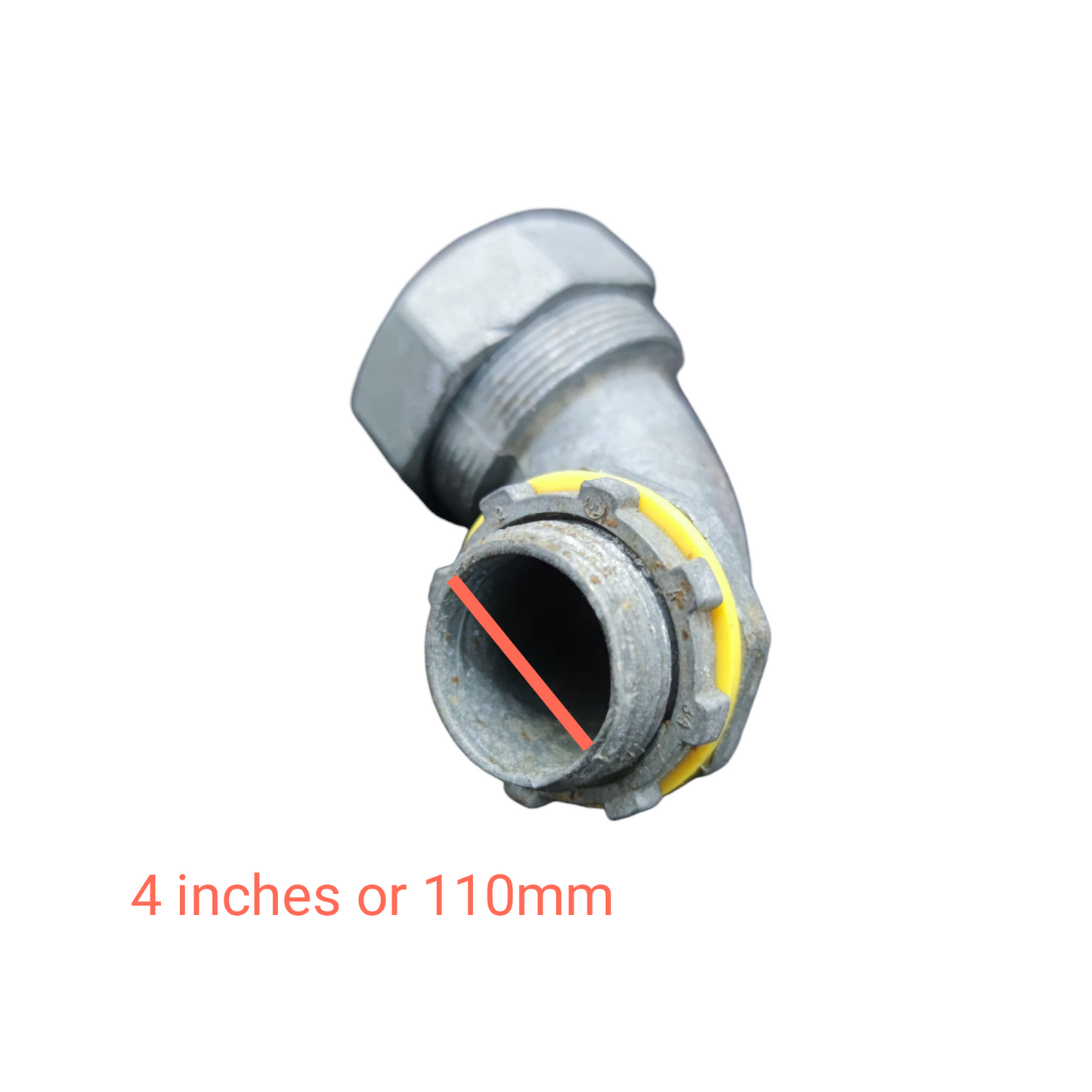 Metal pipe fitting with a yellow and red measurement indicator on a white background