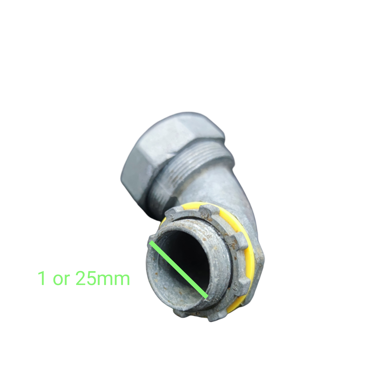 Metal pipe fitting with dimensions indicated on a white background