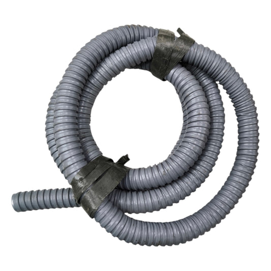 Coiled gray hose with black clamps on a white background