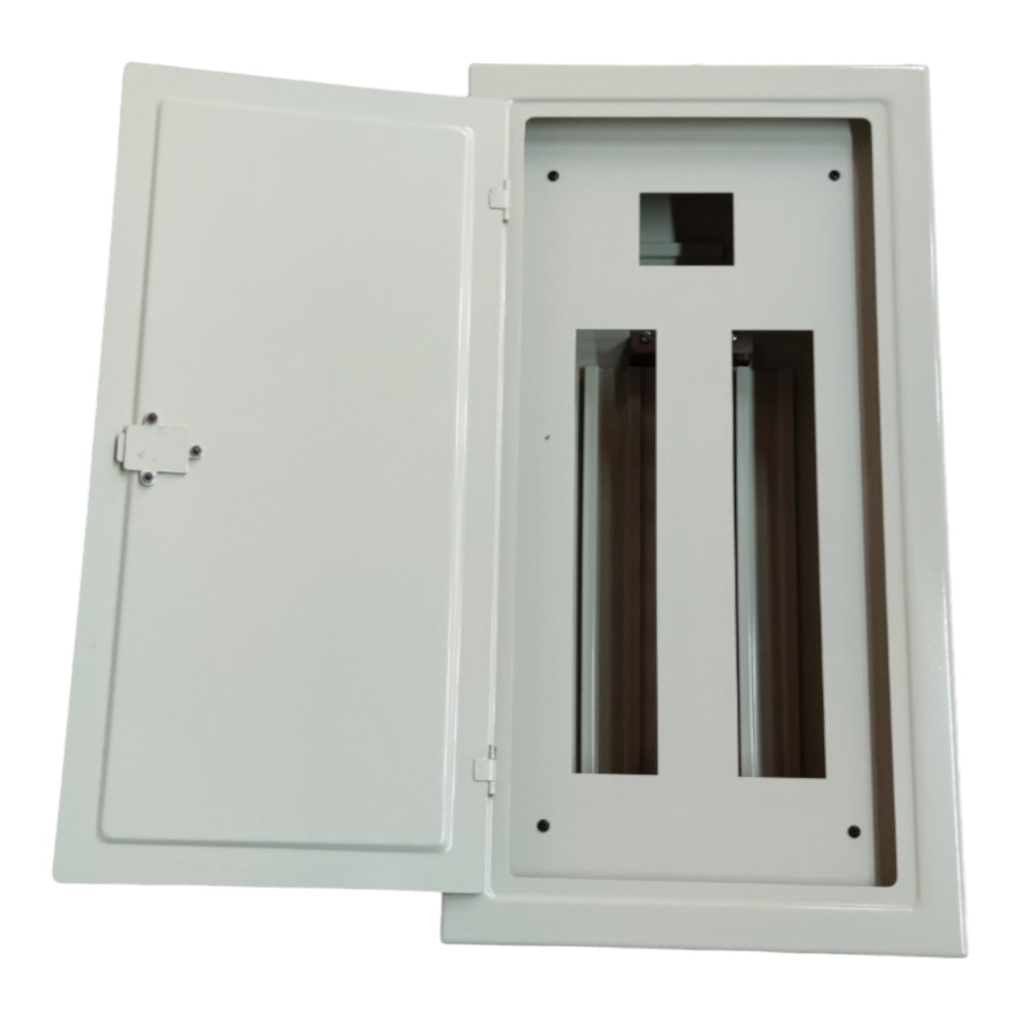 White electrical panel with one door open on a white background Local 14 Branches Panel Board 2 Pole Main 2 Pole Branches For Miniature Circuit Breaker Surface Type Metal Base Electx Electrical Supply
