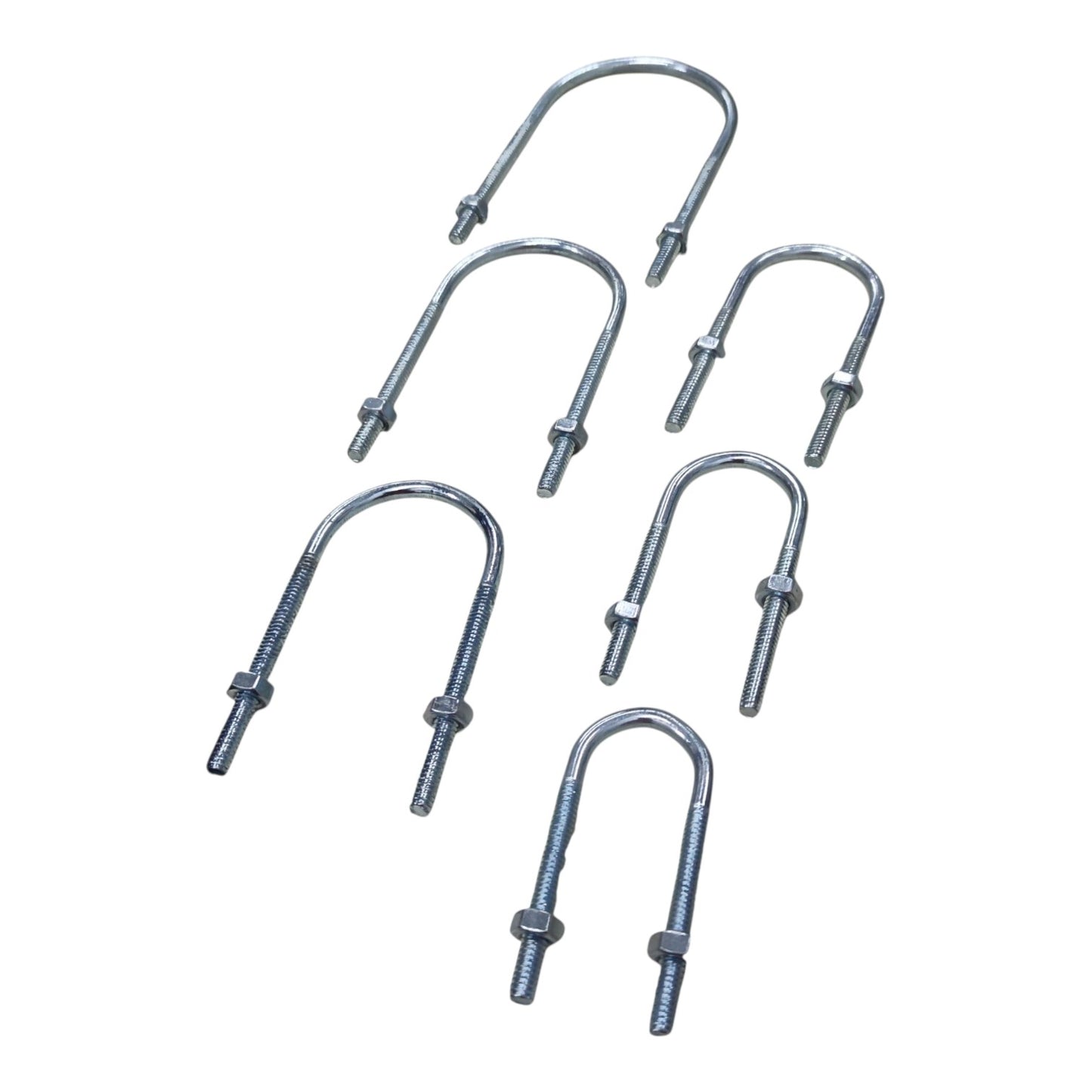 Six galvanized steel U-bolts with threaded pins and nuts, arranged diagonally on a plain white background.