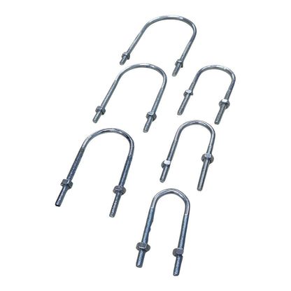 Six galvanized steel U-bolts with threaded pins and nuts, arranged diagonally on a plain white background.