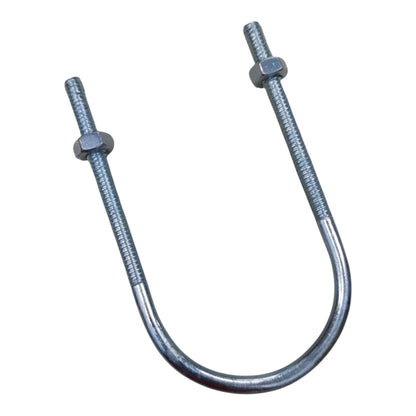 Galvanized steel U-bolt with two hex nuts on threaded ends, isolated on a white background.