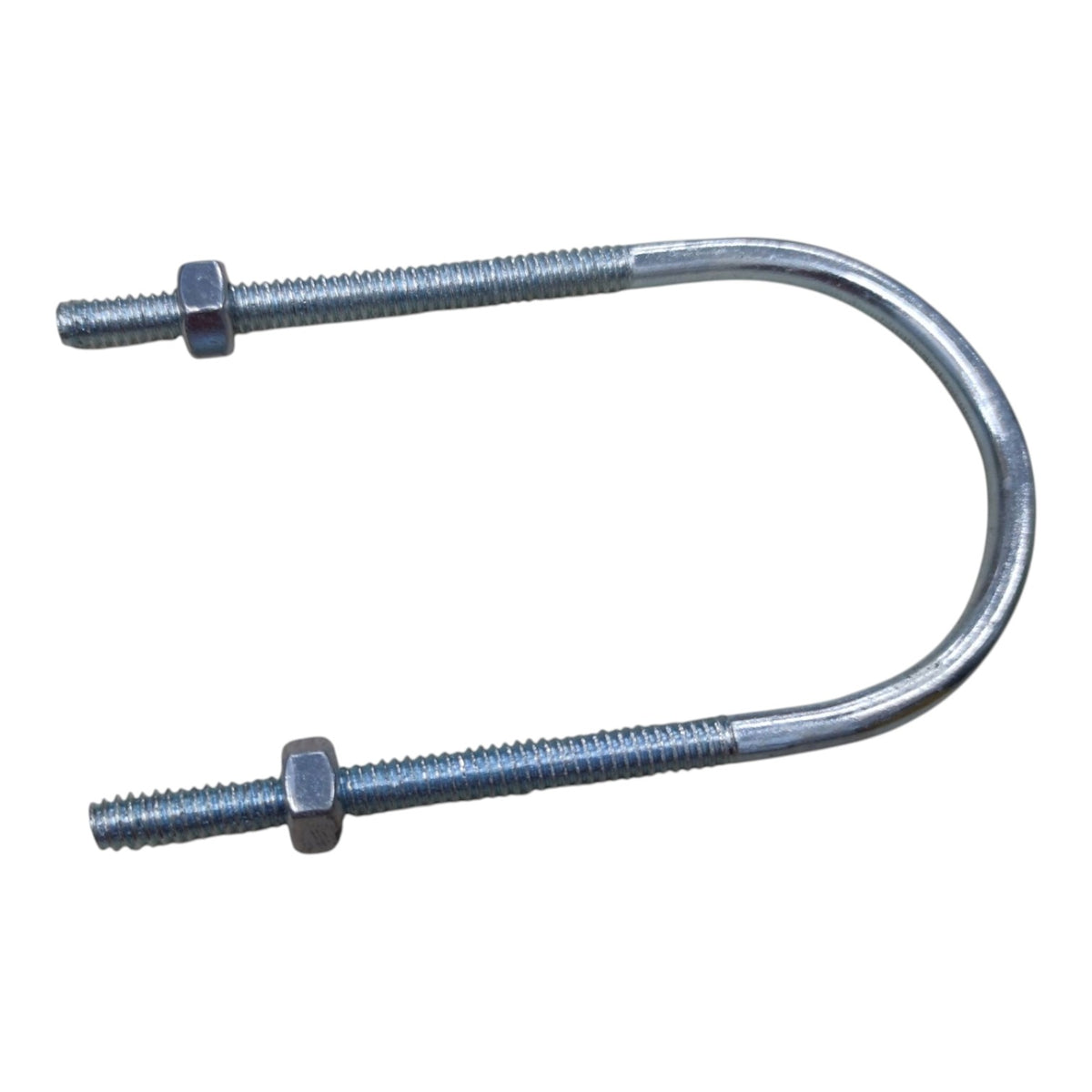A galvanized steel U-bolt with two threaded ends secured by hex nuts, shown on a plain white background.