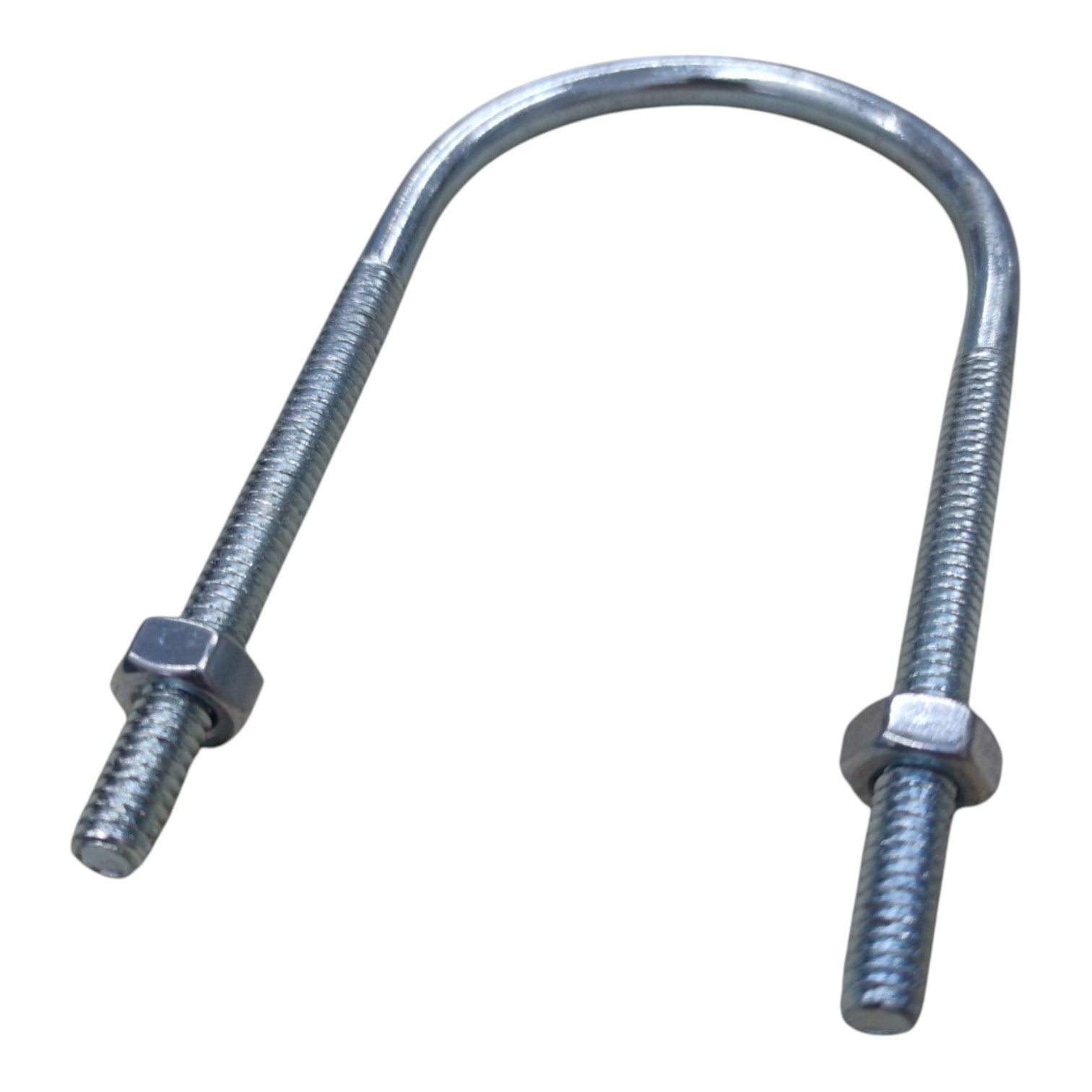 A galvanized steel U-bolt with two hex nuts on each threaded end, isolated on a white background.