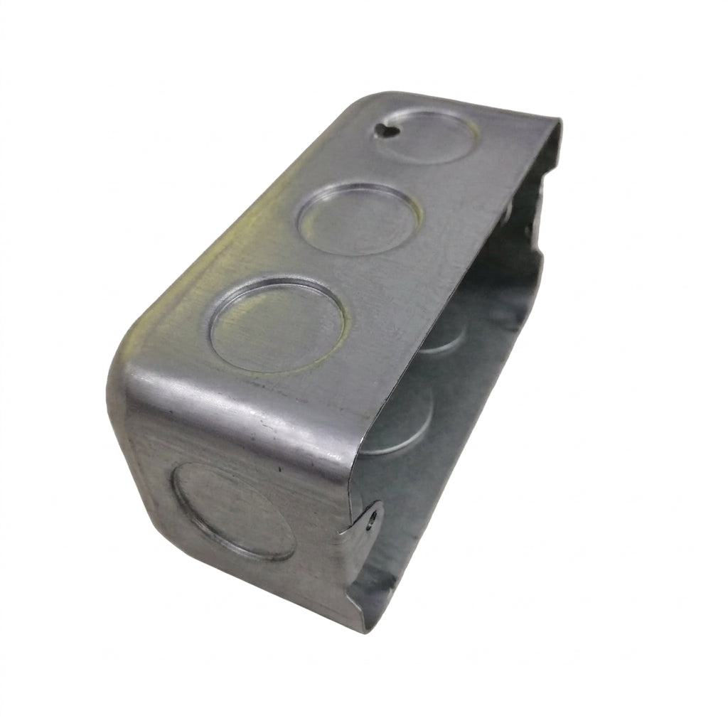 Galvanized metal electrical junction box with three circular entry cavities and a mounting bracket on one side, shown on a plain white background.