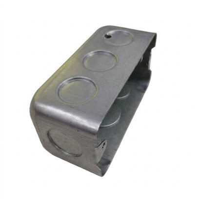 Galvanized metal electrical junction box with three circular entry cavities and a mounting bracket on one side, shown on a plain white background.