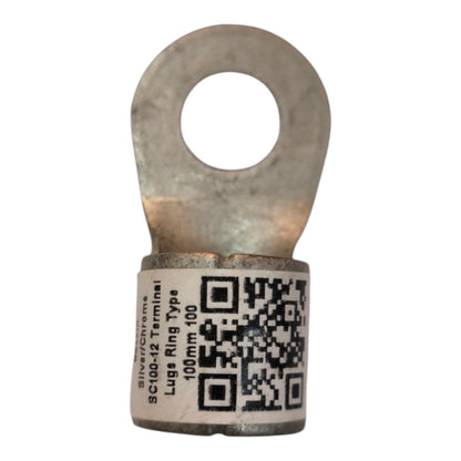 A silver-colored metal lugs ring terminal with a white paper label showing a QR code and text 'SC100-12 Terminal Lugs Ring Type 100mm'.