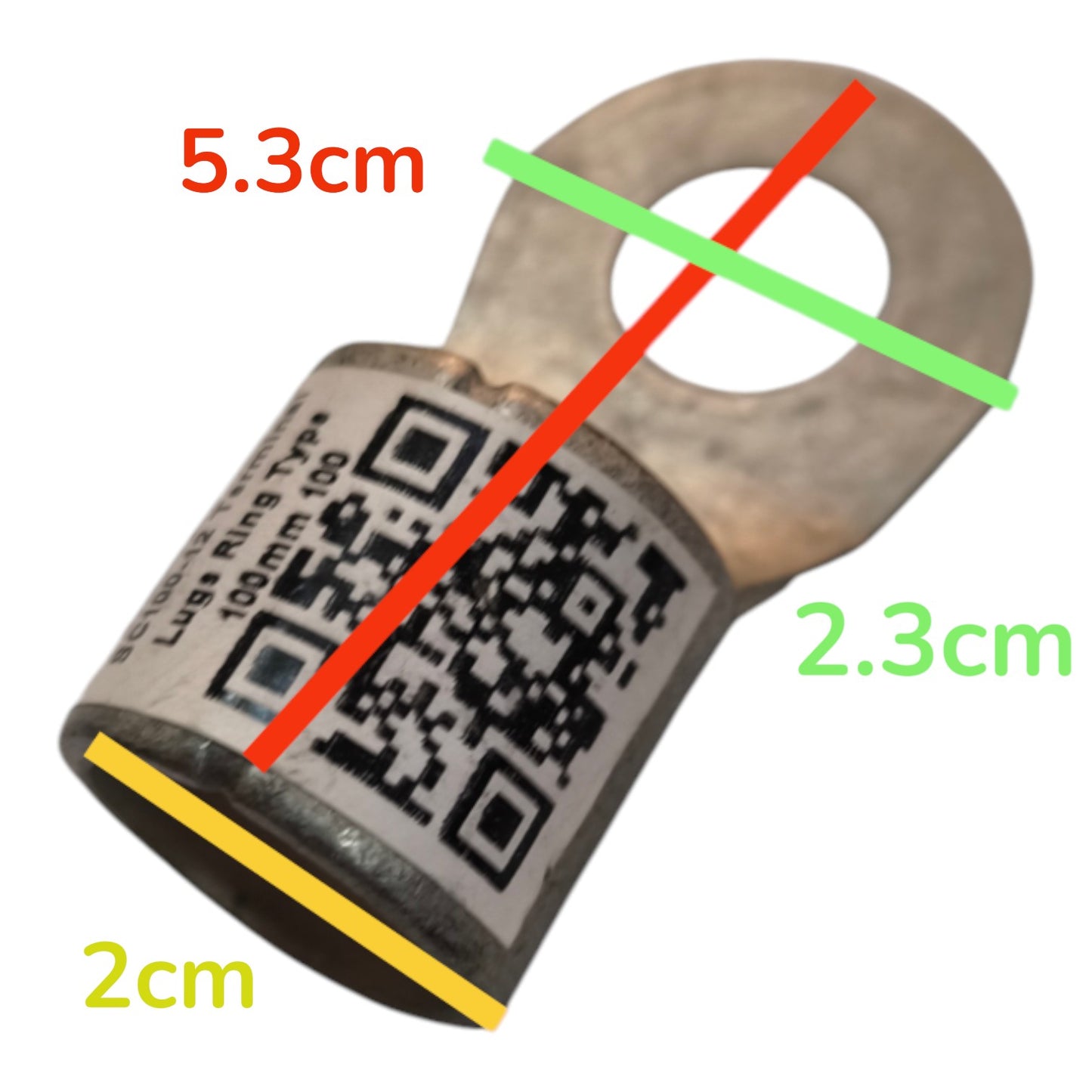 A metal lug ring with a printed label and QR code, overlaid with colored measurement lines and text showing dimensions 5.3cm, 2.