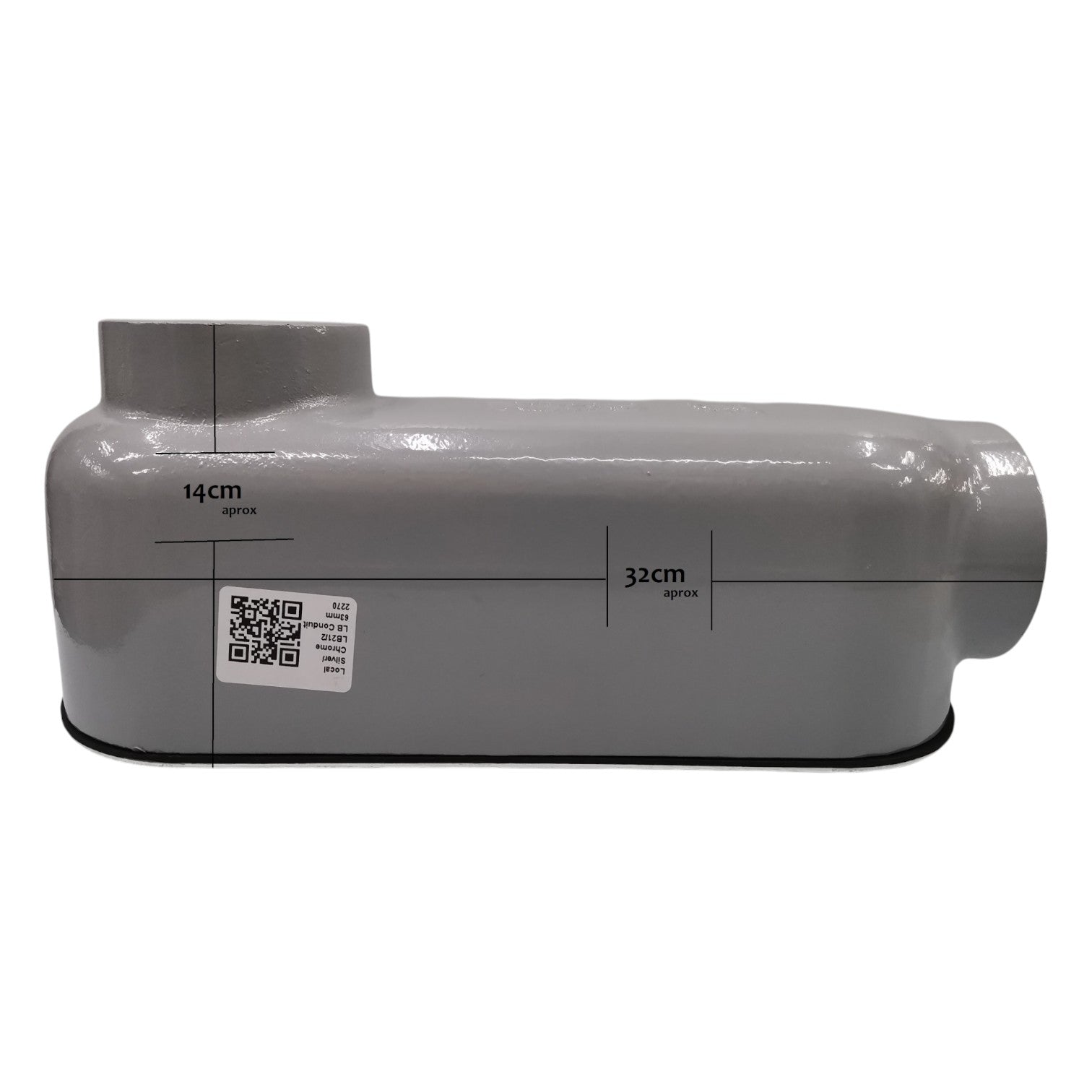 Gray cylindrical object with measurements and a QR code on a white background