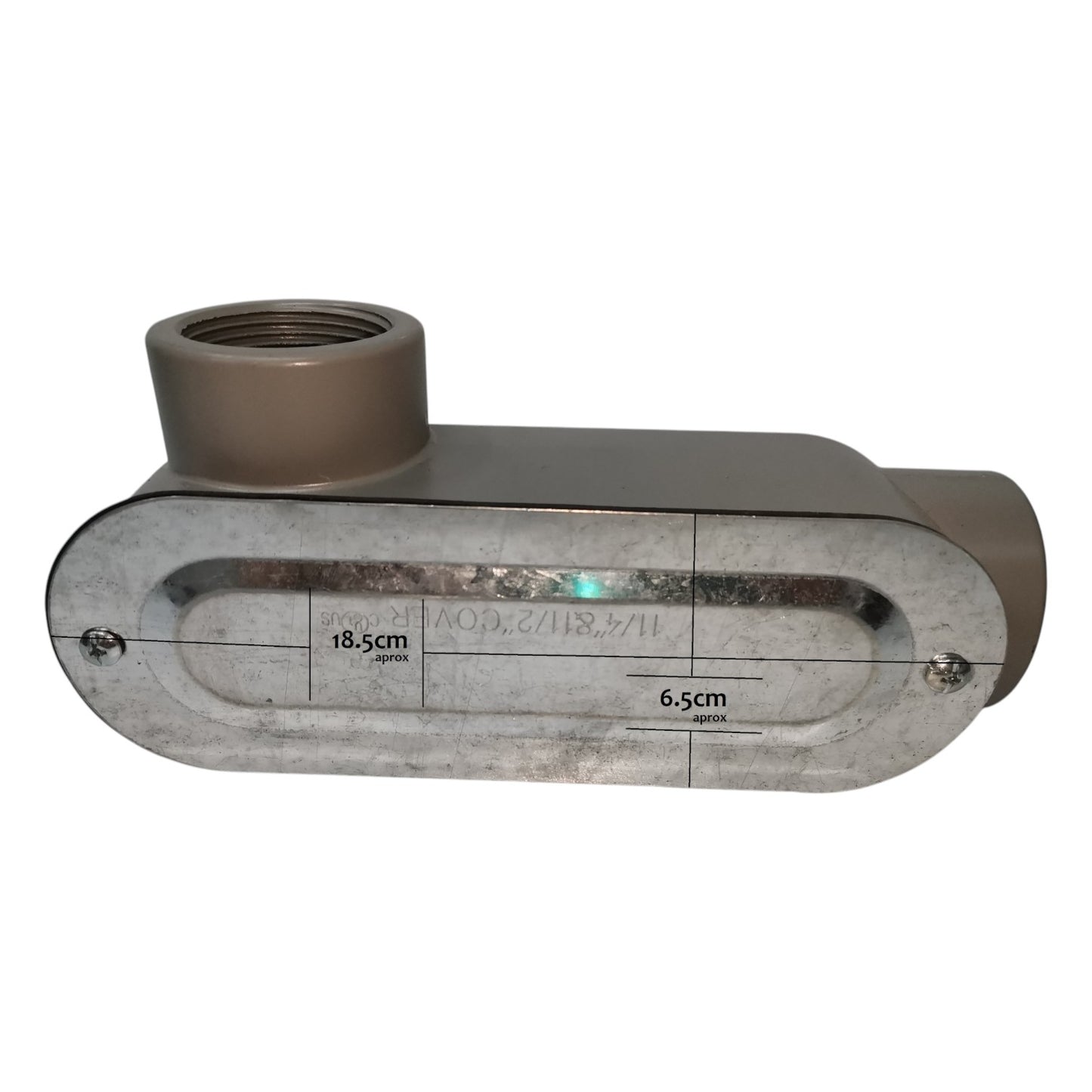 Metal pipe fitting with dimensions on a white background