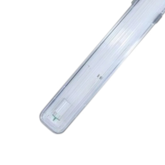A clear plastic tube light fixture, likely a fluorescent or LED tube bulb, shown diagonally on a solid white background.