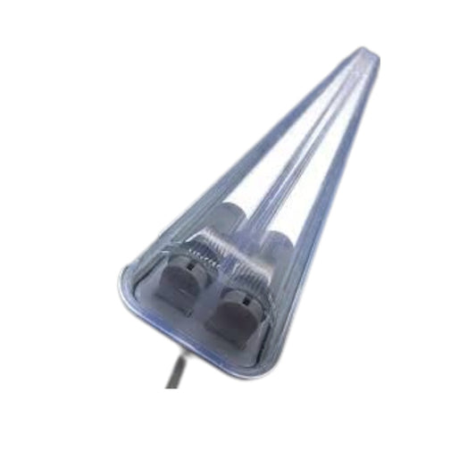A clear plastic protective cover for a two-light tube lamp, shown on a plain white background.