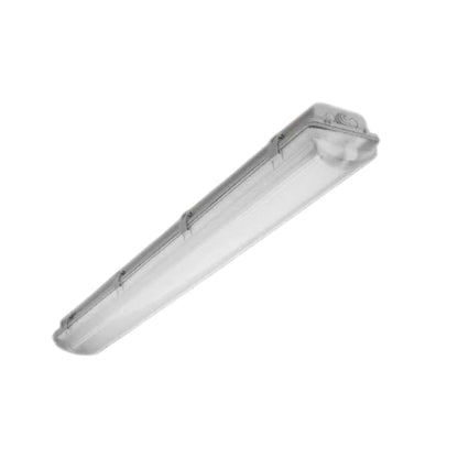 A long rectangular industrial fluorescent light fixture with a clear plastic protective cover, shown diagonally on a plain white background.