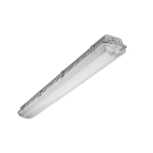 A long rectangular industrial fluorescent light fixture with a clear plastic protective cover, shown diagonally on a plain white background.