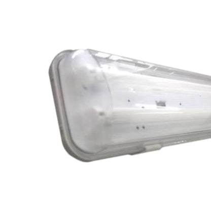 A long rectangular fluorescent light fixture with a clear plastic cover, shown at an angle on a plain white background.