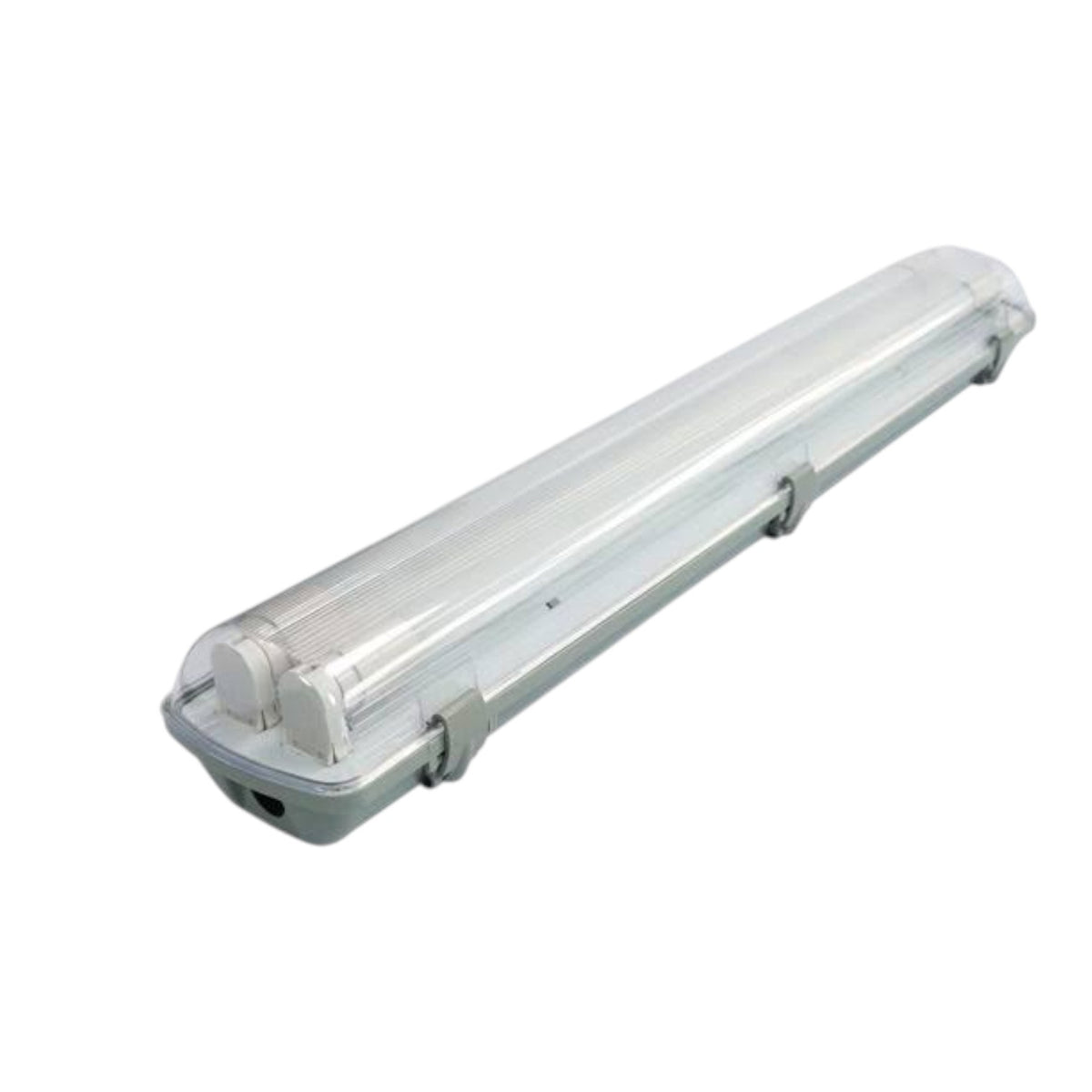 A long rectangular industrial LED light fixture with a clear ribbed plastic cover and a gray metal base, shown on a plain white background.