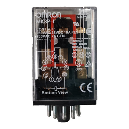 A transparent-cased Omron MK3P-I electrical relay with a black top and bottom, silver metal pins, and printed technical specifications and contact diagrams on the front.
