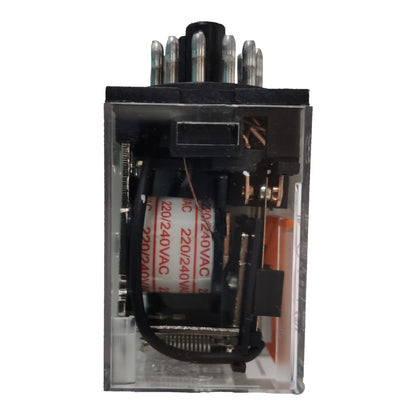 An industrial electrical relay with a clear plastic housing, black top casing, and internal components including a white inductor coil with red text and copper contacts, isolated on a white background.