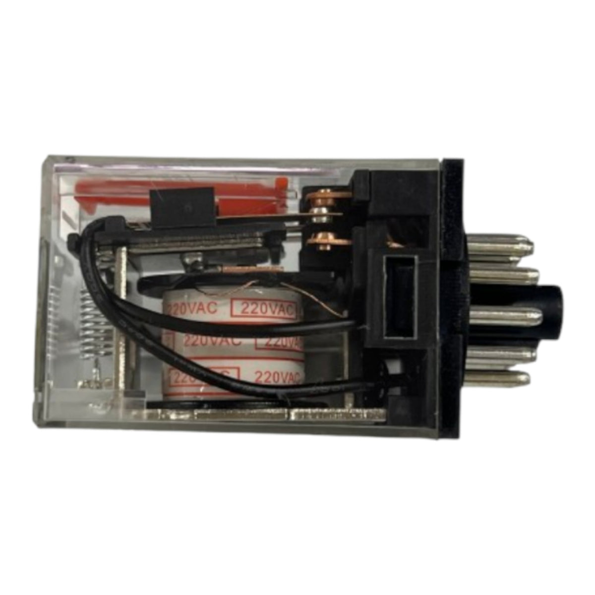 A small electrical relay component with a transparent plastic housing, black internal parts, copper-colored terminals, and several silver metal pins on the right side, shown on a plain white background.