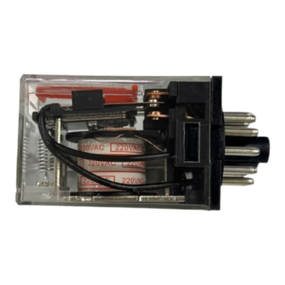 A small electrical relay component with a transparent plastic housing, black internal parts, copper-colored terminals, and several silver metal pins on the right side, shown on a plain white background.