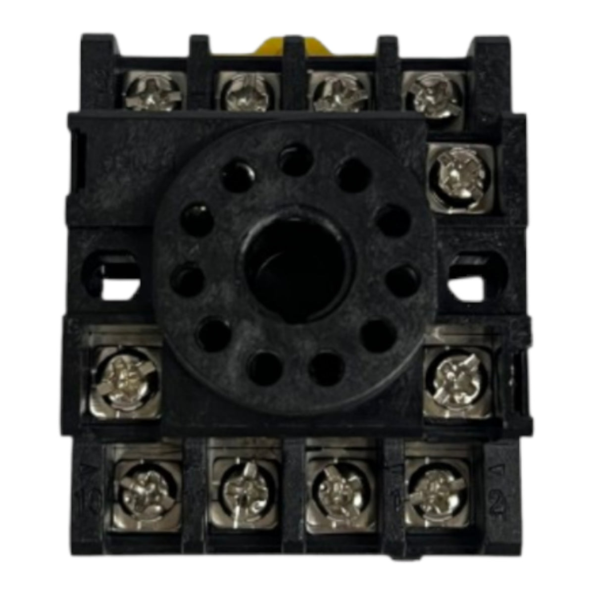 A black electrical contactor or relay component with multiple silver screw terminals and a circular center opening, shown on a plain white background.