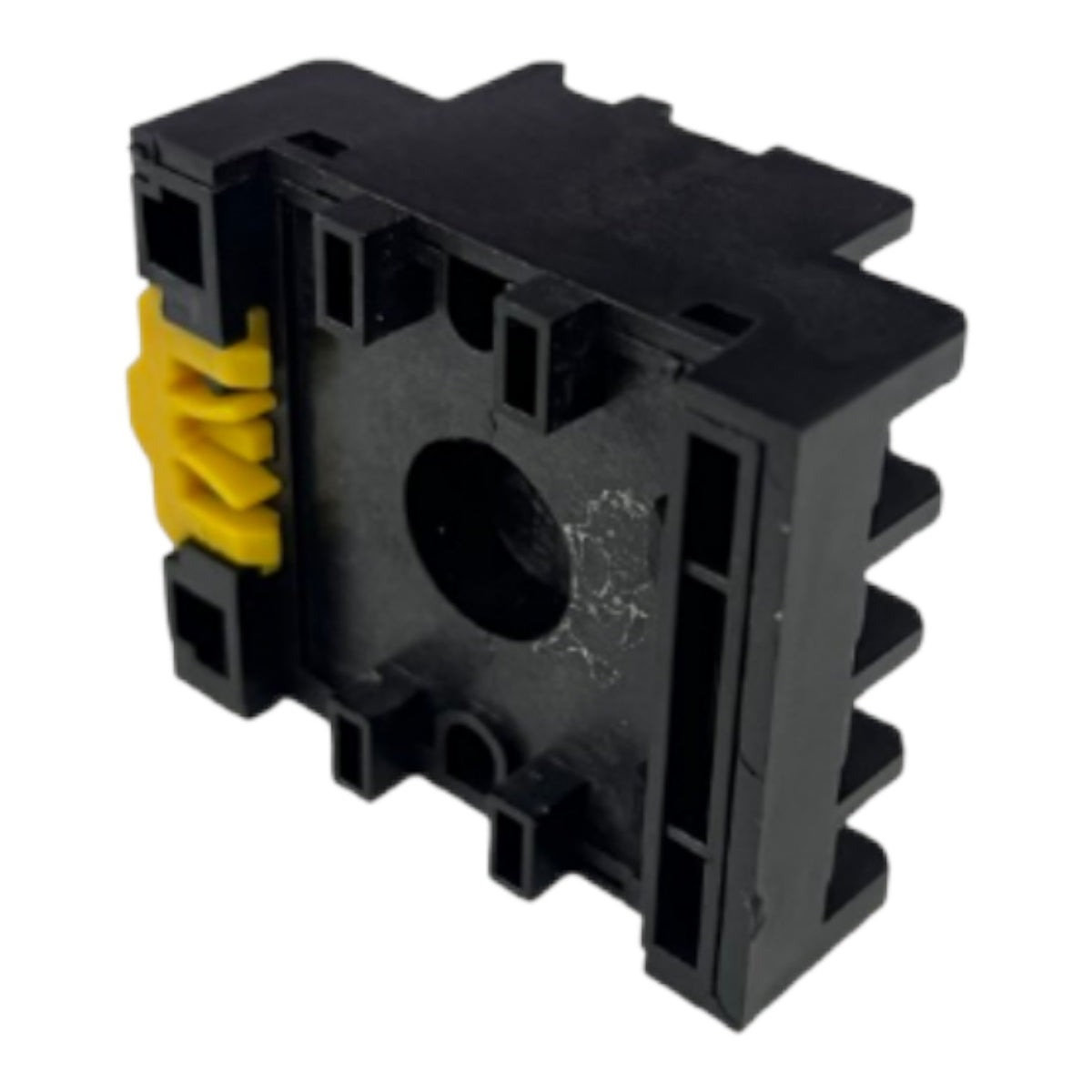 A black plastic electrical terminal block connector with a yellow plastic locking tab on the left side, shown on a plain white background.