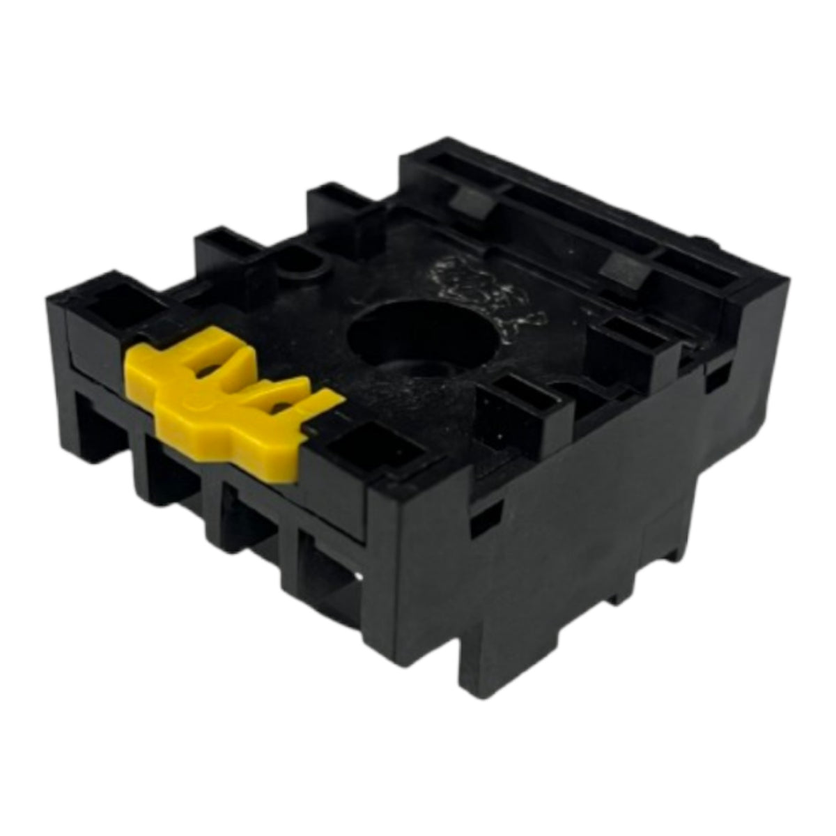 A black plastic electrical terminal block connector with a yellow locking tab, shown on a plain white background.