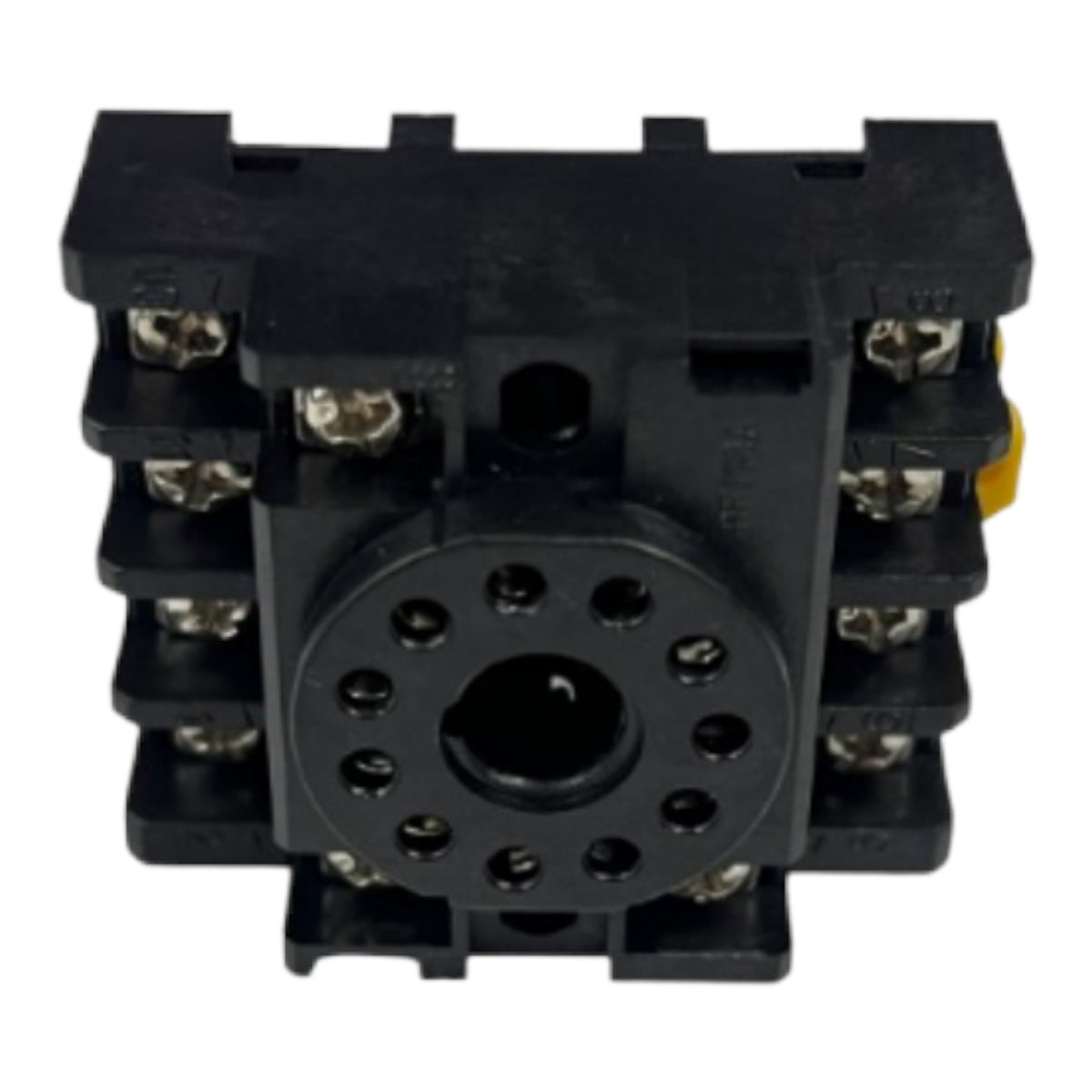 A black plastic electrical terminal block connector with multiple screw terminals on the sides and a circular contact face in the center, shown on a plain white background.