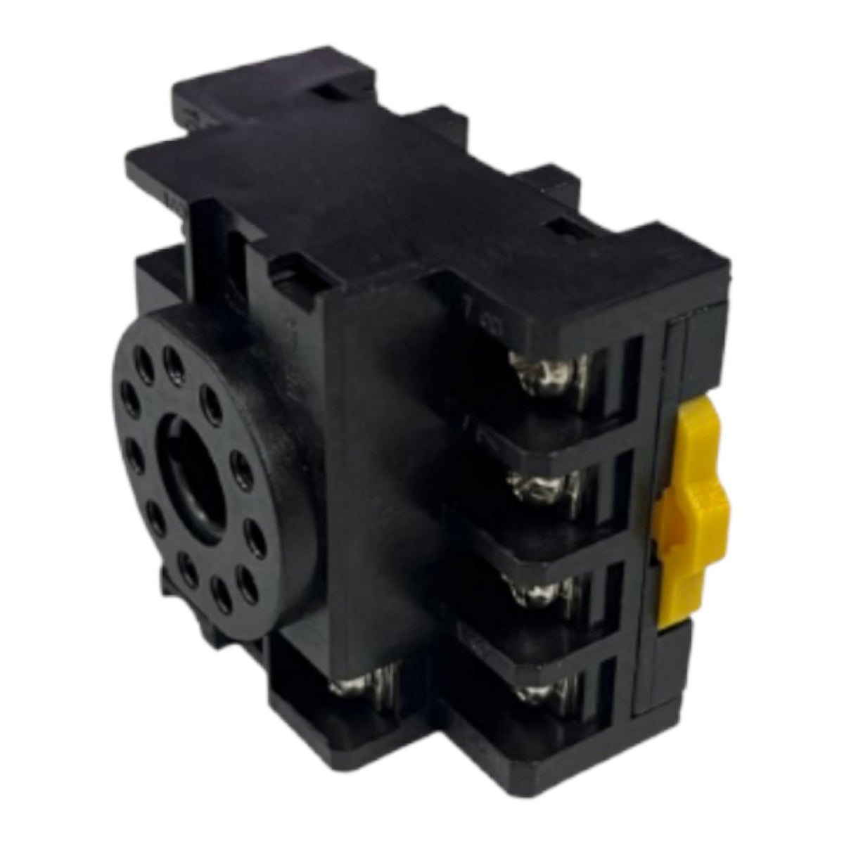 A black plastic electrical relay or connector component with a yellow switch tab on the side, shown on a plain white background.