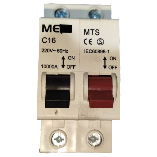 Electrical circuit breaker with ME and MTS branding on a white background