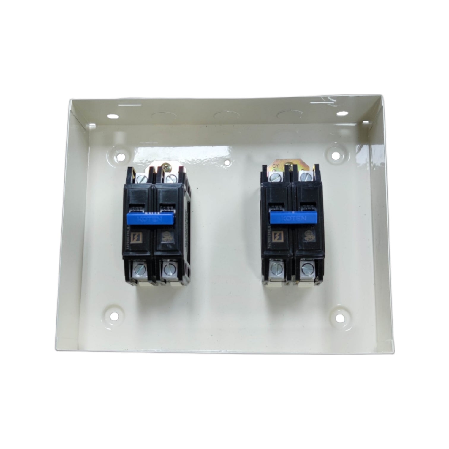 Two electrical circuit breakers on a white background