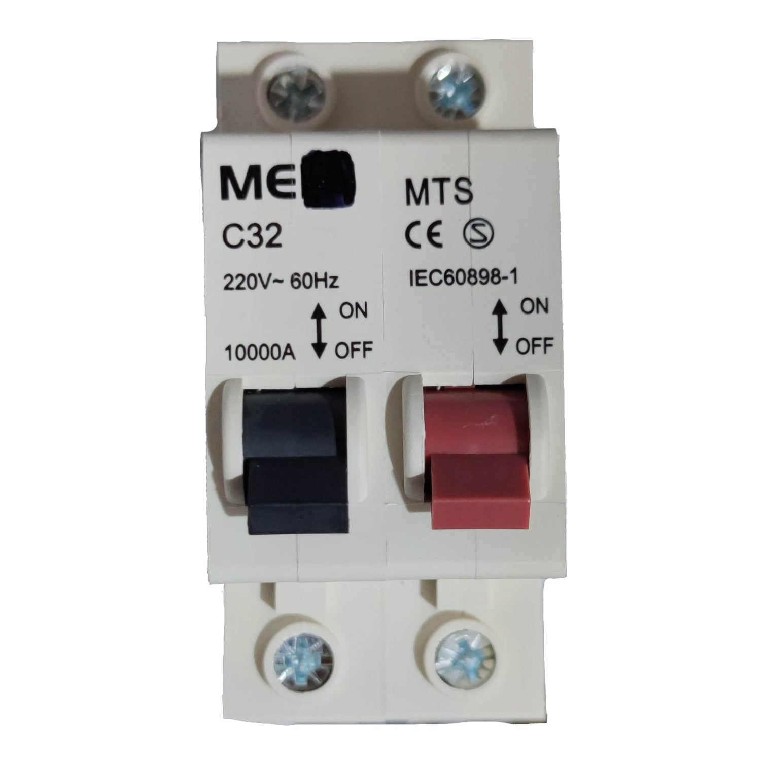 Electrical switch with ME and MTS branding on a white background