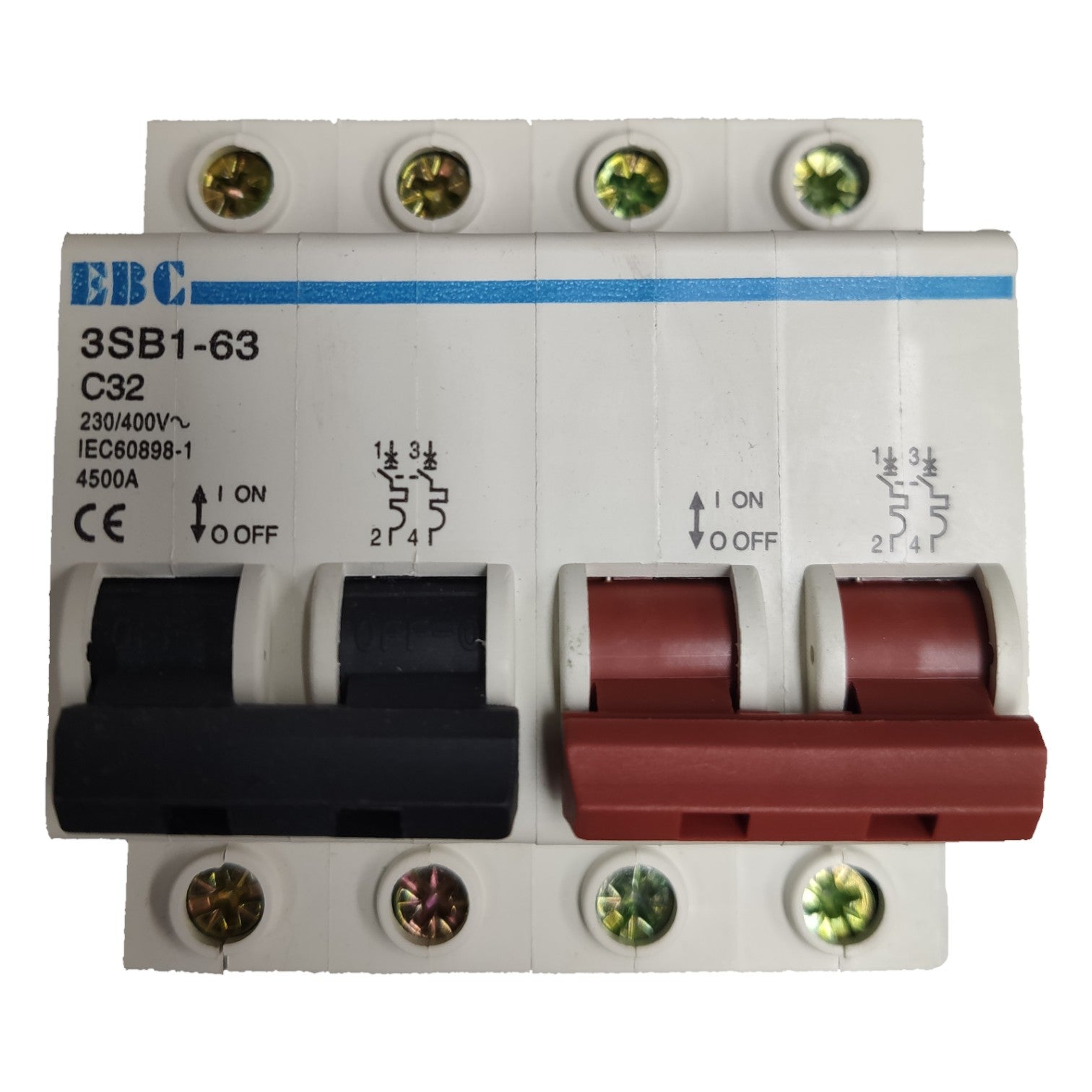 Electrical circuit breaker with EBC branding on a white background